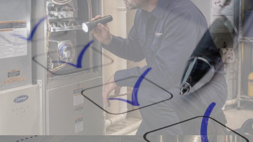 Technician inspecting a furnace with checkmark overlays