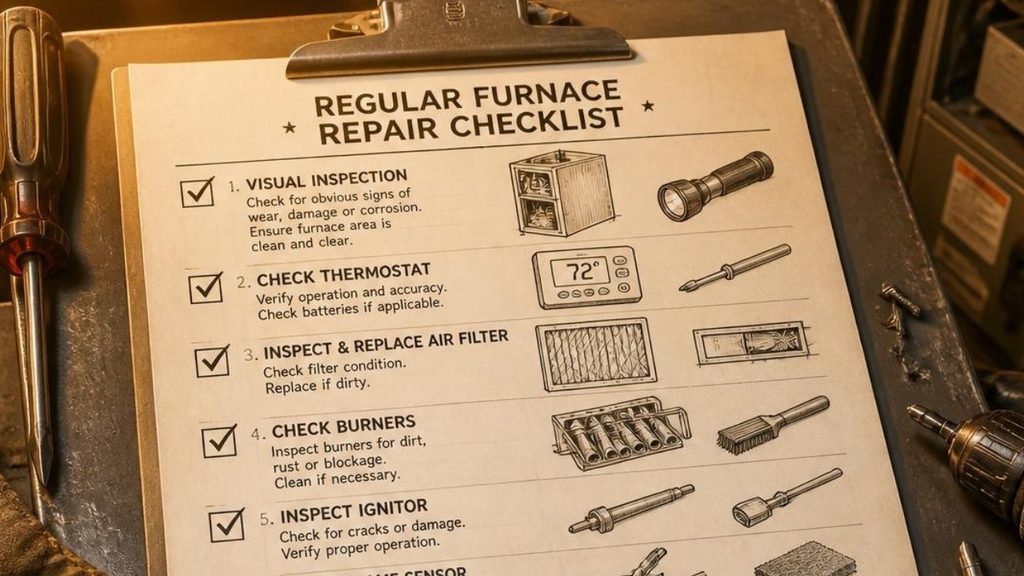 Furnace repair checklist on a clipboard