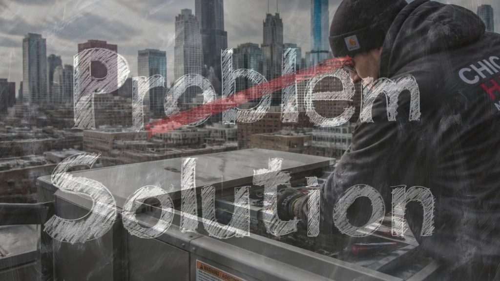 Problem-to-solution graphic over the Chicago skyline