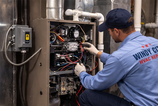 Windy City HVAC technician working on a furnace control board
