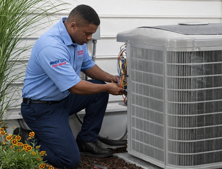 Windy City HVAC technician working on an outdoor air conditioner unit