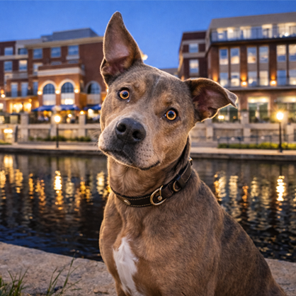 Eddy, the Windy City HVAC Repair dog, by a lit riverwalk at dusk