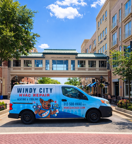 Windy City HVAC Repair van parked by a downtown pedestrian bridge