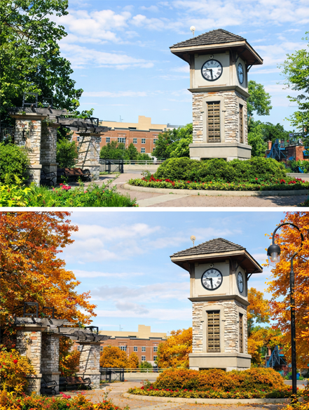 Town clock tower and park in summer and fall in the southwest suburbs