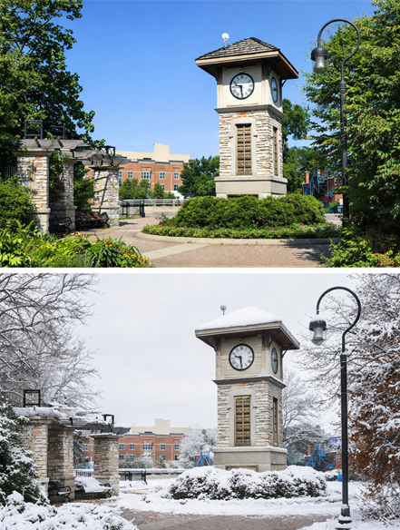 Town clock tower in summer and in winter snow