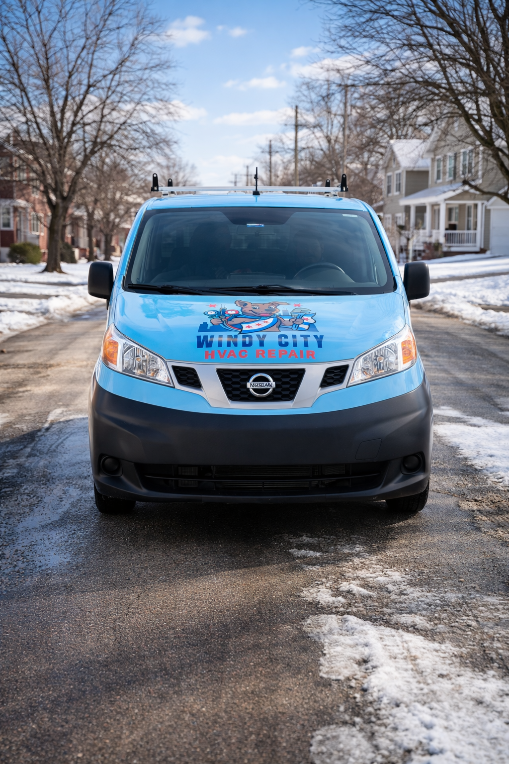 Windy City HVAC Repair van on a snowy suburban street for a winter service call