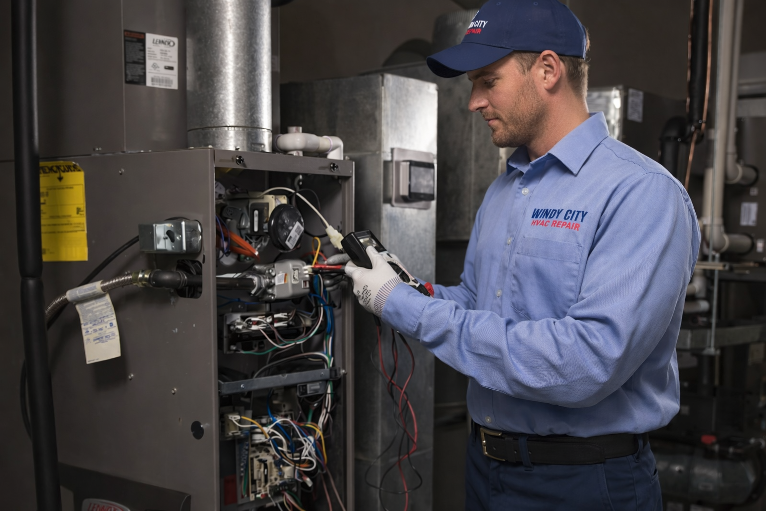 Windy City HVAC technician servicing a furnace