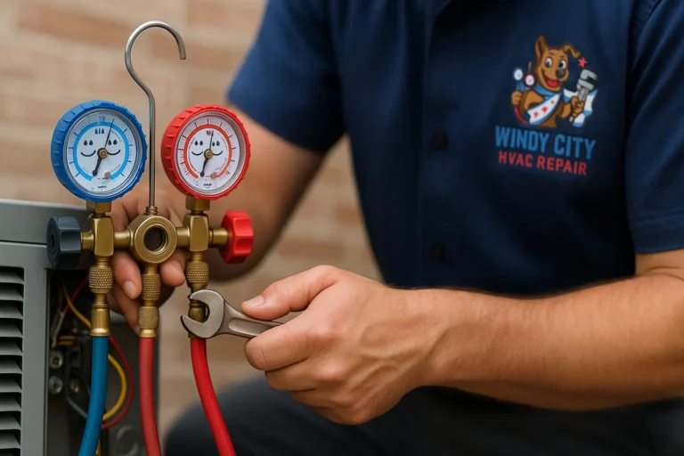 Windy City HVAC technician holding refrigerant gauges for an AC repair