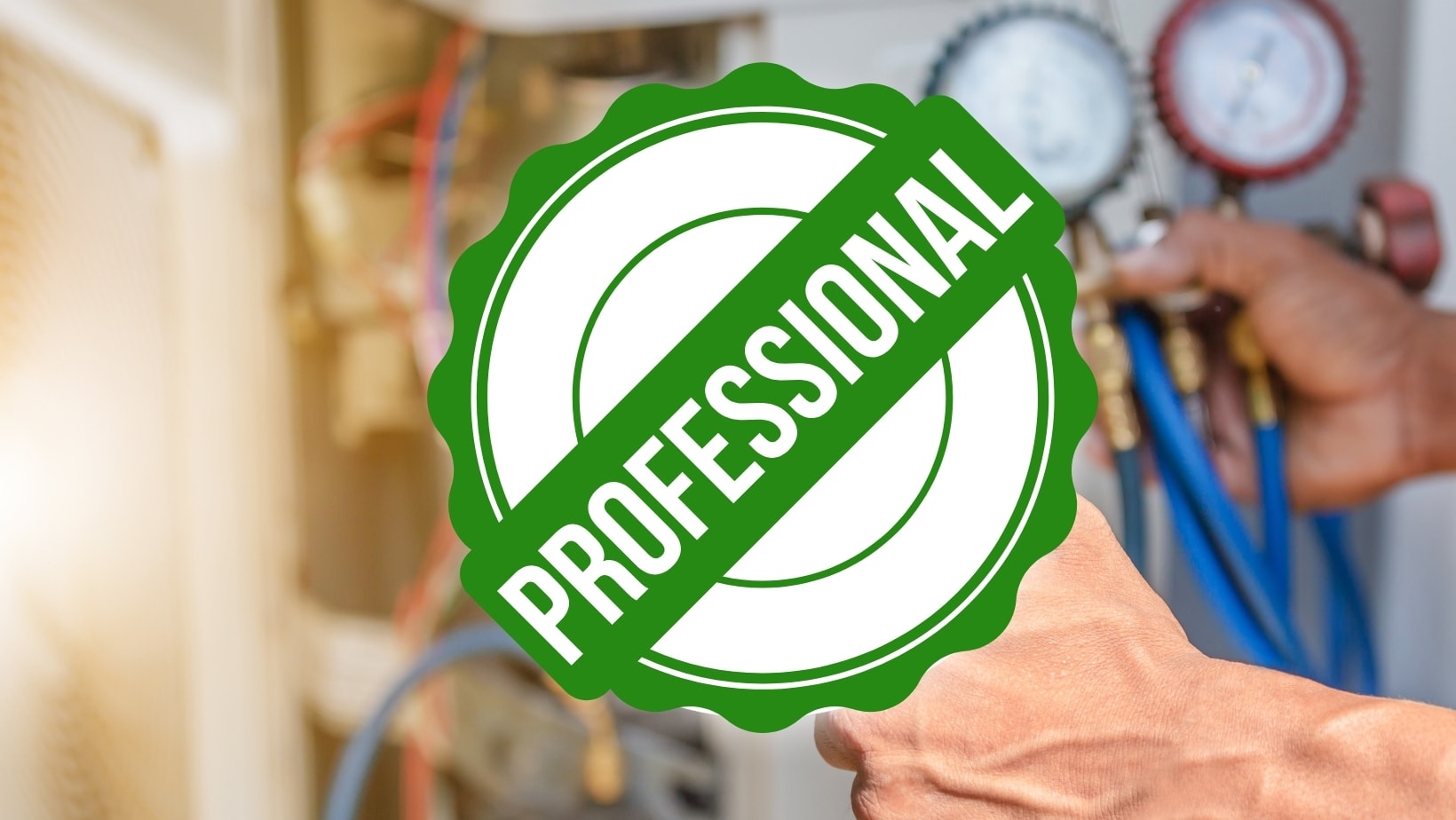 Technician's gloved hands with refrigerant gauges and a Professional badge