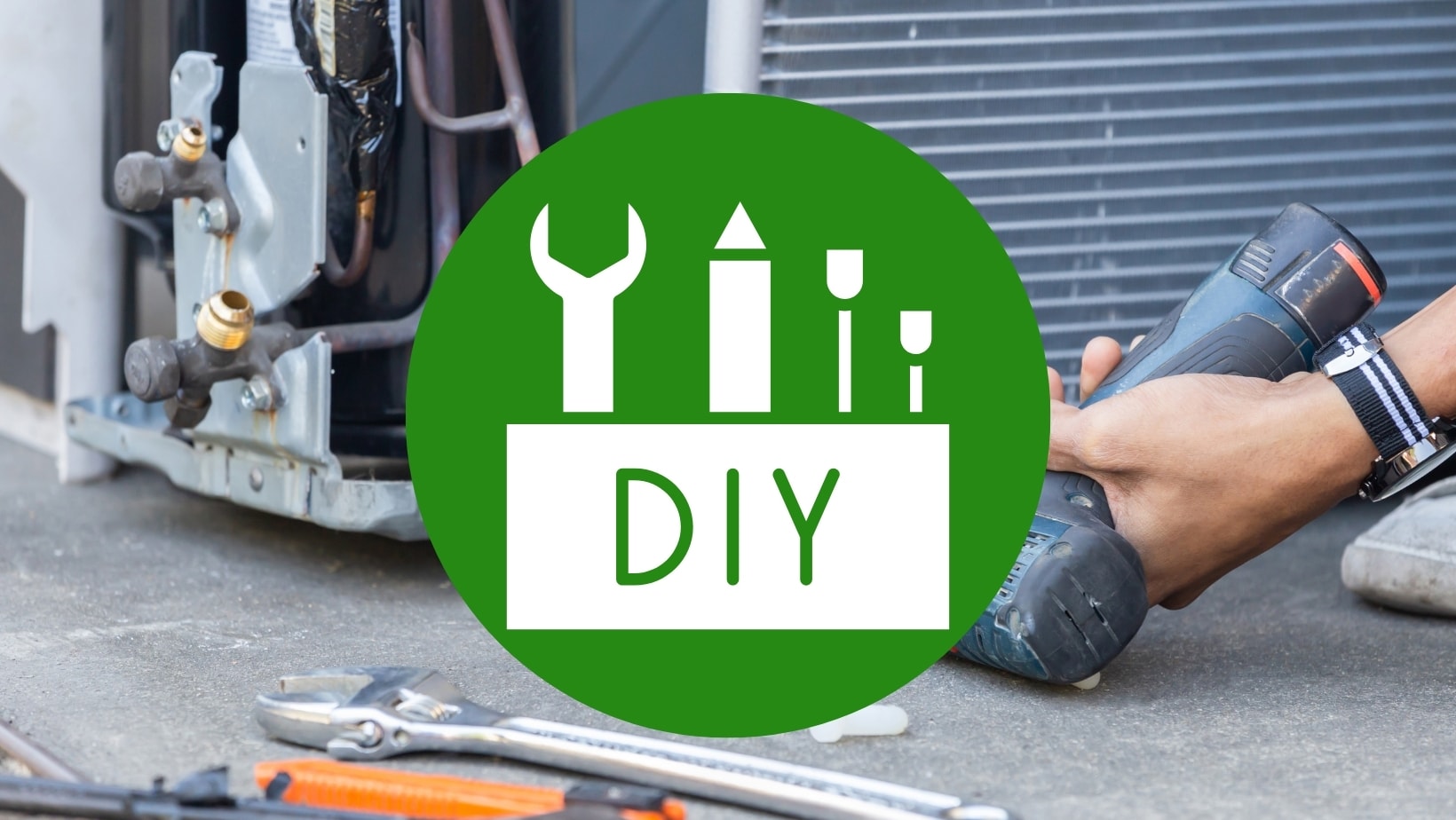 Homeowner working on an AC unit with a DIY badge