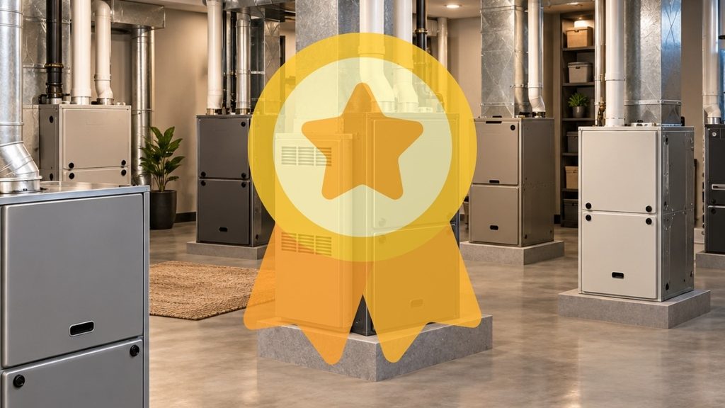 Furnaces on display with a quality award icon