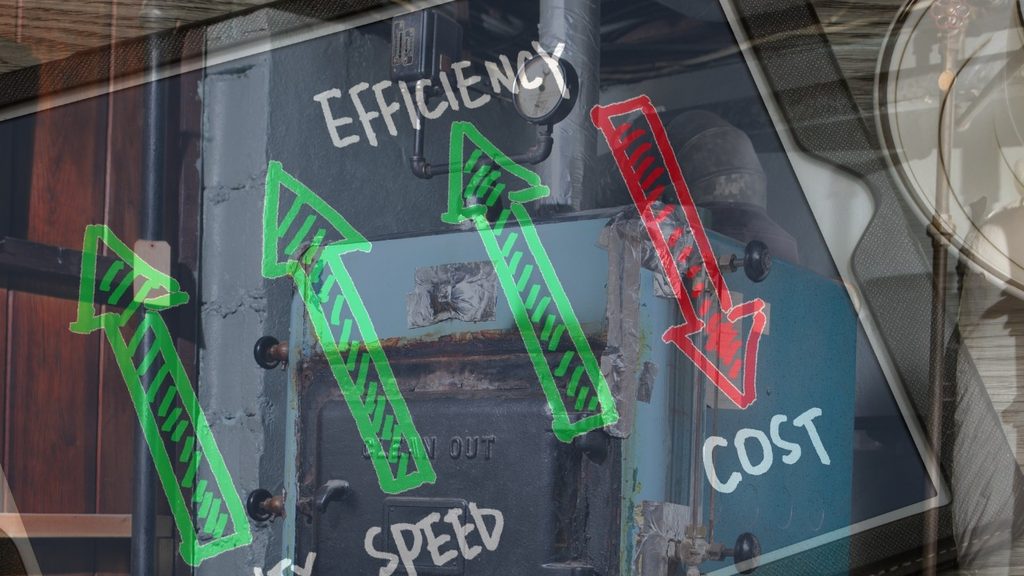 Efficiency, speed and cost arrows over a furnace