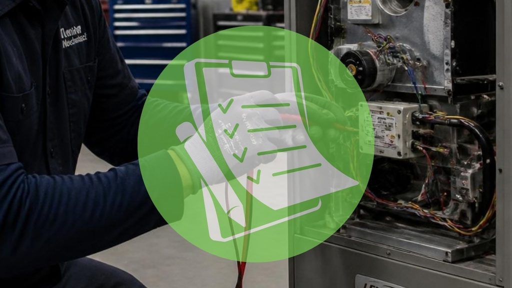 Technician at a furnace with a checklist icon