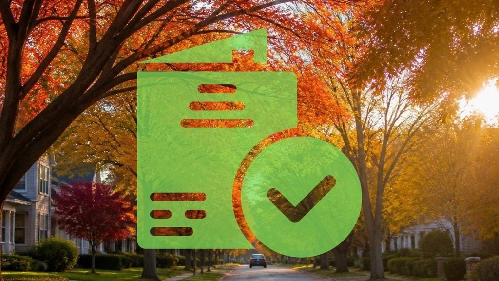 Fall tree-lined street with a checklist icon