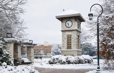 Naperville clock tower in winter snow